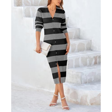 PRETTYGARDEN Women's Fall Long Sleeve V-Neck Sweater Dress