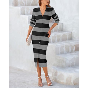 PRETTYGARDEN Women's Fall Long Sleeve V-Neck Sweater Dress