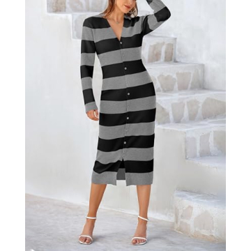 PRETTYGARDEN Women's Fall Long Sleeve V-Neck Sweater Dress