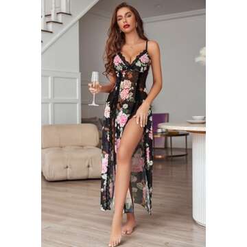 Avidlove Women Deep V Lingerie Lace Chemise One Piece Babydoll Nightgown Sexy Nightwear Side Split Nightdress