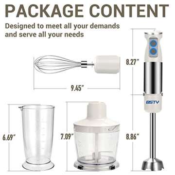 BSTY Immersion Hand Blender 4-in-1 6-Speed Stick Blender Handheld with 16oz Food Chopper and 600ml Food Grinder, Egg Whisk for Baby Food, Smoothies, Sauces and Soups - White