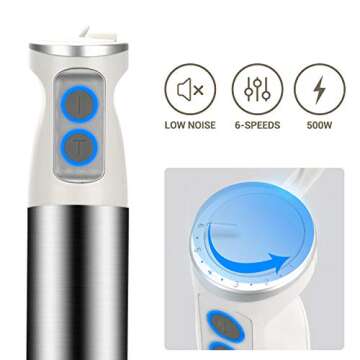 BSTY Immersion Hand Blender 4-in-1 6-Speed Stick Blender Handheld with 16oz Food Chopper and 600ml Food Grinder, Egg Whisk for Baby Food, Smoothies, Sauces and Soups - White