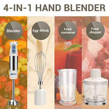 BSTY Immersion Hand Blender 4-in-1 6-Speed Stick Blender Handheld with 16oz Food Chopper and 600ml Food Grinder, Egg Whisk for Baby Food, Smoothies, Sauces and Soups - White