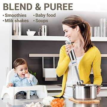 BSTY Immersion Hand Blender 4-in-1 6-Speed Stick Blender Handheld with 16oz Food Chopper and 600ml Food Grinder, Egg Whisk for Baby Food, Smoothies, Sauces and Soups - White
