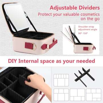 GERYUAEG Travel Makeup Bag with Mirror of LED Lighted, Rechargeable Cosmetic Train Case Artist Makeup Organizer for Women with Adjustable Dividers, Makeup Brushes Holder and Strap (White)