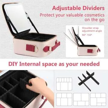 GERYUAEG Travel Makeup Bag with Mirror of LED Lighted, Rechargeable Cosmetic Train Case Artist Makeup Organizer for Women with Adjustable Dividers, Makeup Brushes Holder and Strap (White)