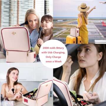 GERYUAEG Travel Makeup Bag with Mirror of LED Lighted, Rechargeable Cosmetic Train Case Artist Makeup Organizer for Women with Adjustable Dividers, Makeup Brushes Holder and Strap (White)