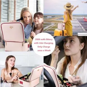 GERYUAEG Travel Makeup Bag with Mirror of LED Lighted, Rechargeable Cosmetic Train Case Artist Makeup Organizer for Women with Adjustable Dividers, Makeup Brushes Holder and Strap (White)