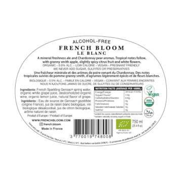 French Bloom Le Blanc Alcohol-Free Sparkling Wine, 750ml - Certified Organic, Vegan, Halal, Low Calorie, Pregnancy Friendly, Sulfite Free - Made with Fine Organic Wine, No Preservatives or Added Sugar