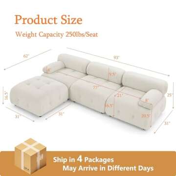 Tmsan Modular Sectional Sofa, 93" Beige Velvet Sectional Cloud Couches for Living Room, Modern L-Sha...