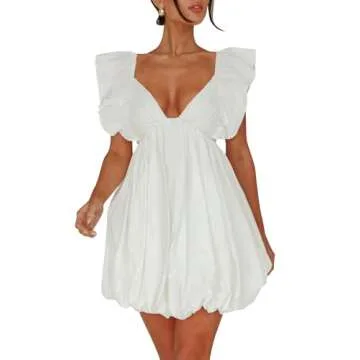 hibshaby Summer Mini Dress Deep V-Neck Babydoll Dress Bubble Dress Backless Lace Up Sexy Short Dress...
