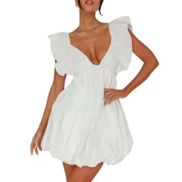hibshaby Summer Mini Dress Deep V-Neck Babydoll Dress Bubble Dress Backless Lace Up Sexy Short Dress White XS