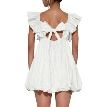hibshaby Summer Mini Dress Deep V-Neck Babydoll Dress Bubble Dress Backless Lace Up Sexy Short Dress White XS