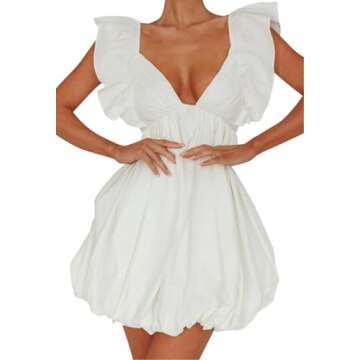 hibshaby Summer Mini Dress Deep V-Neck Babydoll Dress Bubble Dress Backless Lace Up Sexy Short Dress White XS