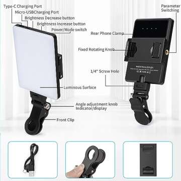 Bonvvie Rechargeable LED Selfie Light with Front/Back Phone Clip, Phone Light for iPhone Android iPad Tablet Laptop, Bi-Color Photography Camera Lighting for Makeup TikTok Selfie Vlog Video Conference