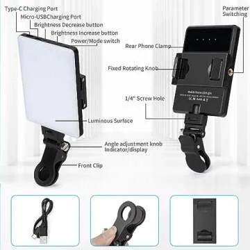 Bonvvie Rechargeable LED Selfie Light with Front/Back Phone Clip, Phone Light for iPhone Android iPad Tablet Laptop, Bi-Color Photography Camera Lighting for Makeup TikTok Selfie Vlog Video Conference