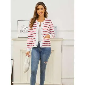 Striped Cardigan Sweaters for Women Lightweight: Cotton Knit Cardigan with Pockets - Crew Neck Button Casual Cardigans White and Red