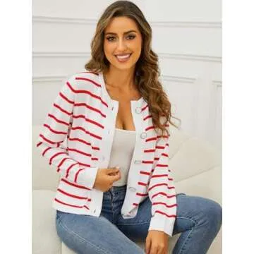 Striped Cardigan Sweaters for Women Lightweight: Cotton Knit Cardigan with Pockets - Crew Neck Button Casual Cardigans White and Red