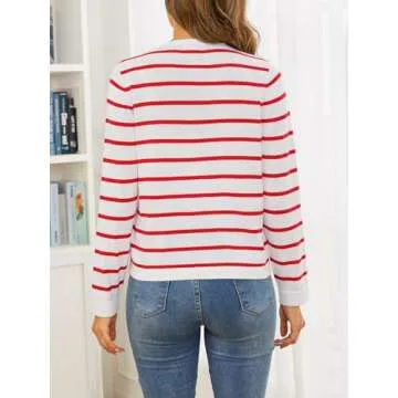 Striped Cardigan Sweaters for Women Lightweight: Cotton Knit Cardigan with Pockets - Crew Neck Button Casual Cardigans White and Red