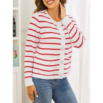 Striped Cardigan Sweaters for Women Lightweight: Cotton Knit Cardigan with Pockets - Crew Neck Button Casual Cardigans White and Red