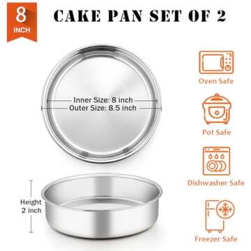 8 Inch Cake Pan Set, P&P CHEF 2-Pieces Stainless Steel Round Oven Baking Pans for Birthday Wedding, ...