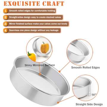 8 Inch Cake Pan Set, P&P CHEF 2-Pieces Stainless Steel Round Oven Baking Pans for Birthday Wedding, Heavy Duty & Non Toxic, Mirror Polished & Dishwasher Safe