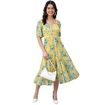 Janasya Women's Yellow Flowy Floral Print Flared Calf Length Casual Evening wear Trendy Dress for Women