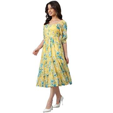 Janasya Women's Yellow Flowy Floral Print Flared Calf Length Casual Evening wear Trendy Dress for Women