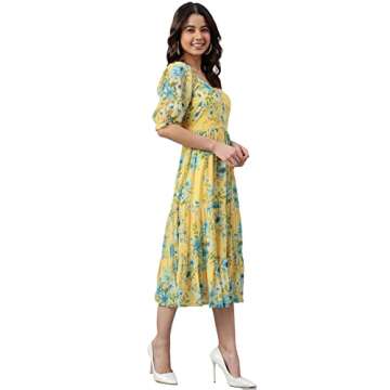 Janasya Women's Yellow Flowy Floral Print Flared Calf Length Casual Evening wear Trendy Dress for Women
