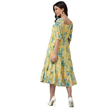 Janasya Women's Yellow Flowy Floral Print Flared Calf Length Casual Evening wear Trendy Dress for Women