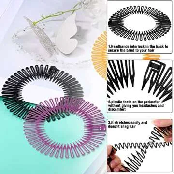 Nuenen Hairband, 9 Pieces Full Circular Stretch Comb Flexible Plastic Circle Comb Headband Hairband Holder for Women Hair Accessories, Multicolor