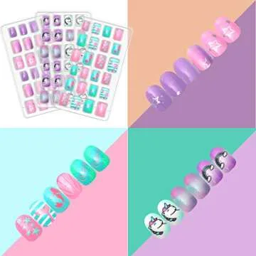 Allstarry 120pcs 5 pack Children Nails Press on Pre-glue Full Cover Glitter Gradient Color Rainbow Short False Nail Kits Lovely Gift for Children Little Girls Nail Art Decoration -Mermaid & Unicorn
