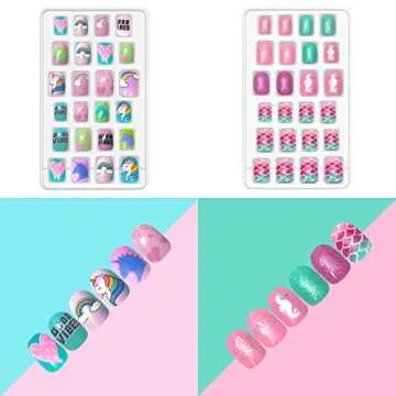Allstarry 120pcs 5 pack Children Nails Press on Pre-glue Full Cover Glitter Gradient Color Rainbow Short False Nail Kits Lovely Gift for Children Little Girls Nail Art Decoration -Mermaid & Unicorn