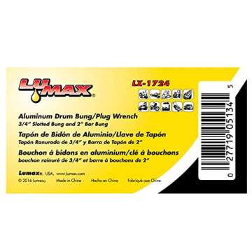 LUMAX LX-1724 Aluminum Drum Wrench (3/4" Slotted Bung/2" Bar Dung). Opens and tightens Most 2” and ¾” Drum Plugs. Overall Length: 10-1/2” (275 mm).