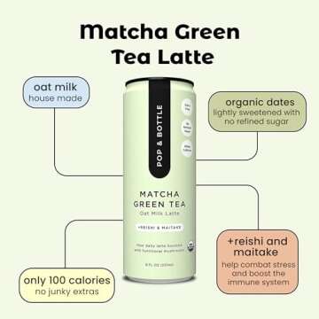 Pop & Bottle, Oat Milk Lattes - Matcha with Reishi and Maitake Mushrooms, Green Tea Latte, MCT Oil, Organic, Dairy Free, Gluten Free, Lightly Sweetened with Dates - Matcha, 8 Fl Oz (12 Pack)