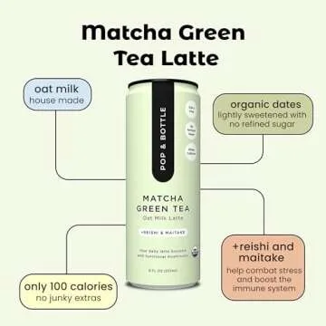 Pop & Bottle, Oat Milk Lattes - Matcha with Reishi and Maitake Mushrooms, Green Tea Latte, MCT Oil, Organic, Dairy Free, Gluten Free, Lightly Sweetened with Dates - Matcha, 8 Fl Oz (12 Pack)