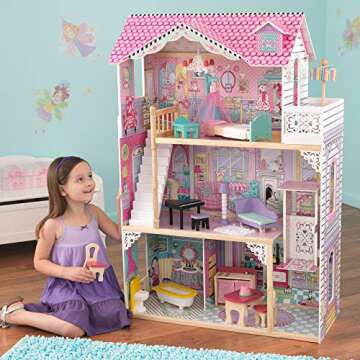 KidKraft Annabelle Wooden Dollhouse with Elevator, Balcony and 17 Accessories, Gift for Ages 3+