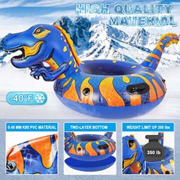 Aoskie Dinosaur Snow Tube Inflatable Snow Sled with Handles, Heavy Duty Snow Tube for Outdoor Sleddi...