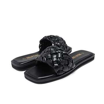 DREAM PAIRS Women's Square Open Toe Slide Sandals Cute Slip on Braided Strap Rhinestone Flat Sandals for Summer,Size 9.5,BLACK/WEAVE,SDSS2212W
