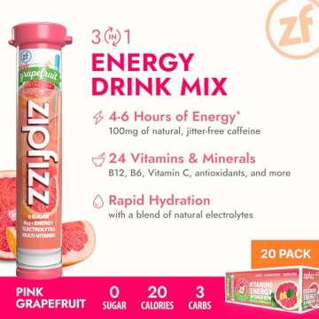 Zipfizz Daily Energy Drink Powder, Pink Grapefruit, 20 Pack | 3-in-1 Sustained Energy, Rapid Hydrati...