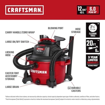 CRAFTSMAN 12 Gallon 6.0 HP Wet Dry Vacuum Powerful Suction