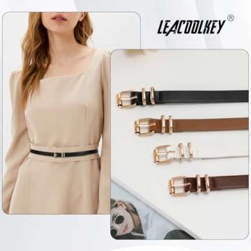 LEACOOLKEY 4 Pack Women Skinny Leather Belts for Dress with Gold Buckle Ladies Thin Waist Belt for J...