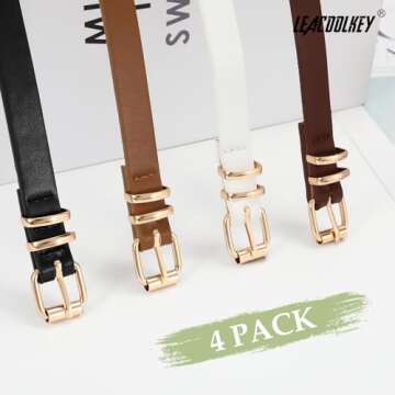 LEACOOLKEY 4 Pack Women Skinny Leather Belts for Dress with Gold Buckle Ladies Thin Waist Belt for Jeans Pants