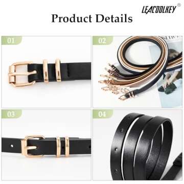 LEACOOLKEY 4 Pack Women Skinny Leather Belts for Dress with Gold Buckle Ladies Thin Waist Belt for Jeans Pants