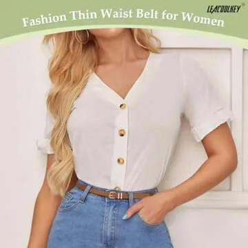 LEACOOLKEY 4 Pack Women Skinny Leather Belts for Dress with Gold Buckle Ladies Thin Waist Belt for Jeans Pants