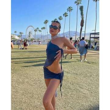 Women Vintage Print Two Piece Skirt Set Y2K Off Shoulder Tube Tops Slim Fit Crop Camis Mini Skirts Night Party Outfit Set(C7-Blue,S)