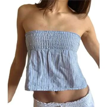 Women Gingham Smocked Tube Tops Summer Ruched Going Out Bandeau Top Y2k Plaid Bow Strapless Crop Top...