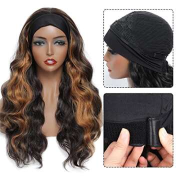 Brown Headband Wig 24 Inch Long Wavy Headband Wigs for Black Women Dark Brown Mix Blonde Highlights ...