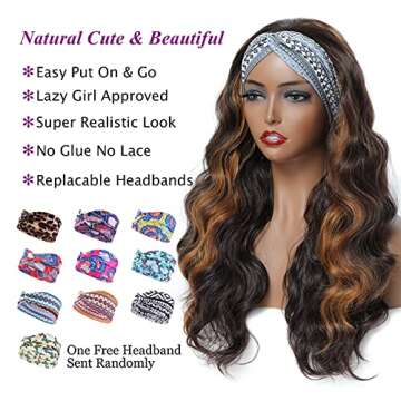 Brown Headband Wig 24 Inch Long Wavy Headband Wigs for Black Women Dark Brown Mix Blonde Highlights Loose Wave Headband Wig Synthetic Long Wigs for Women and Girls Daily Party Wear (Brown)