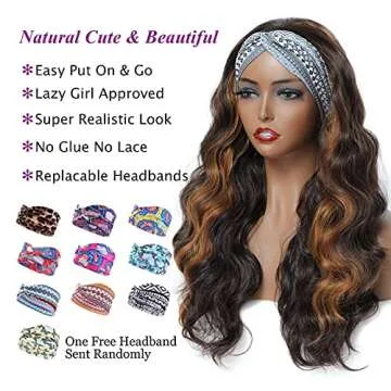 Brown Headband Wig 24 Inch Long Wavy Headband Wigs for Black Women Dark Brown Mix Blonde Highlights Loose Wave Headband Wig Synthetic Long Wigs for Women and Girls Daily Party Wear (Brown)